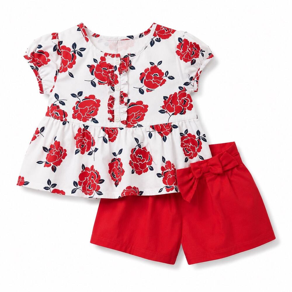 Janie and Jack Adorable Red Rose Floral Top & Bow Shorts Set